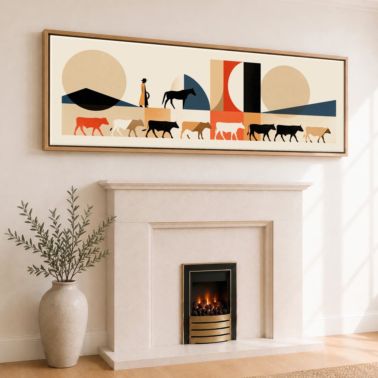 The Drover's Line Western Horse panoramic canvas wall art displayed above a fireplace