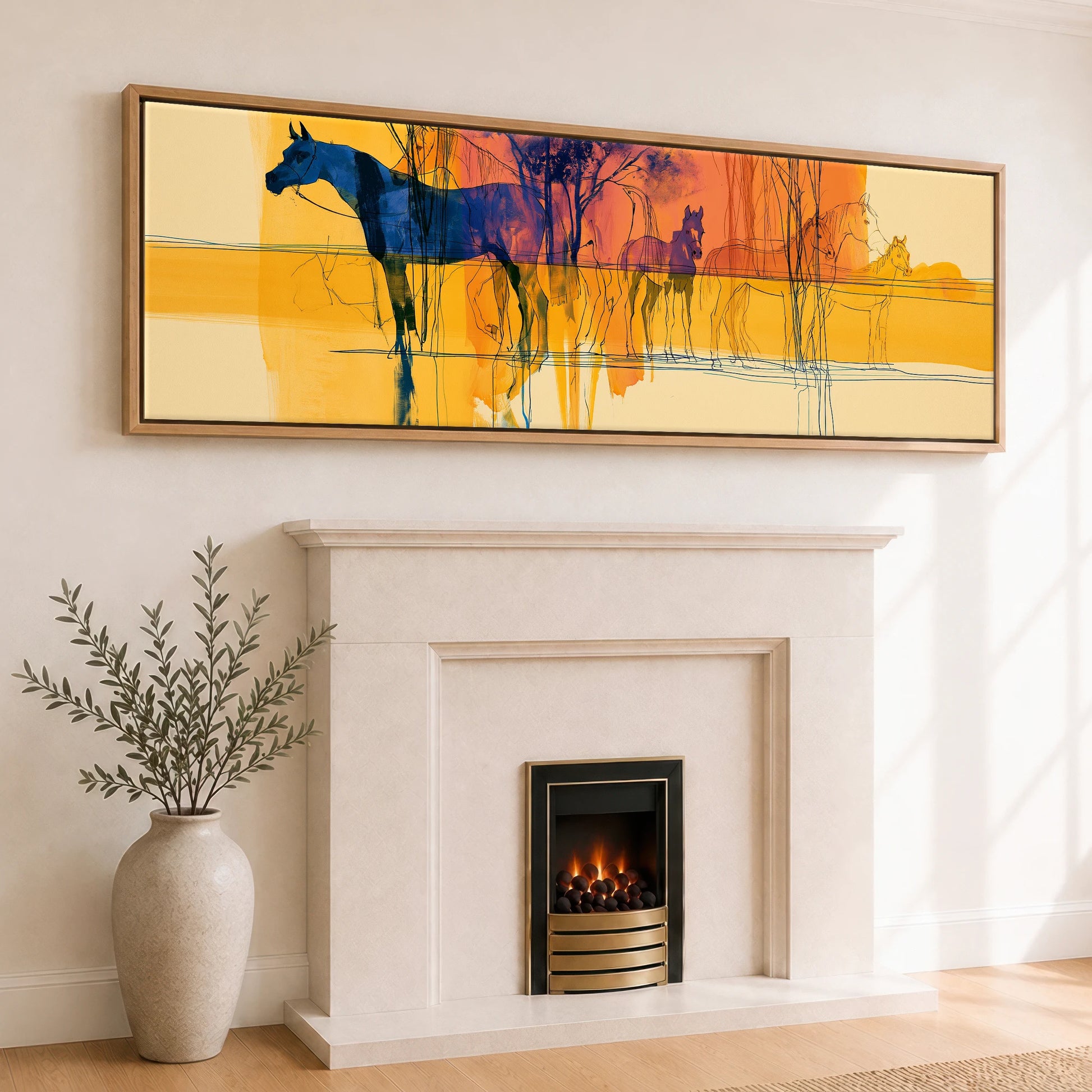 Cobalt and Gold Mirage Beach Horse panoramic canvas wall art displayed above a fireplace