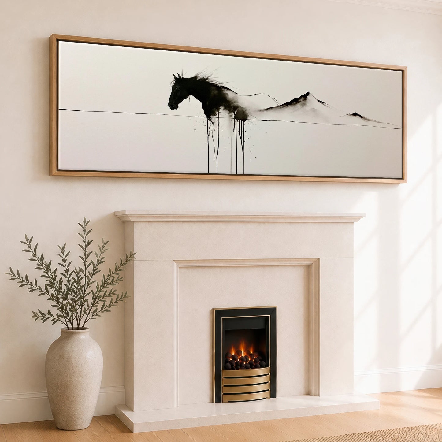 Equine Ink Horizon Horse Landscape panoramic canvas wall art displayed above a fireplace