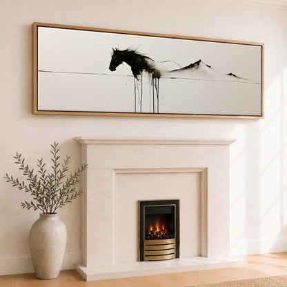 Equine Ink Horizon Horse Landscape panoramic canvas wall art displayed above a fireplace