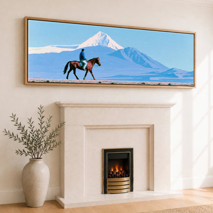Beneath Vast Peaks Horse Landscape panoramic canvas wall art displayed above a fireplace
