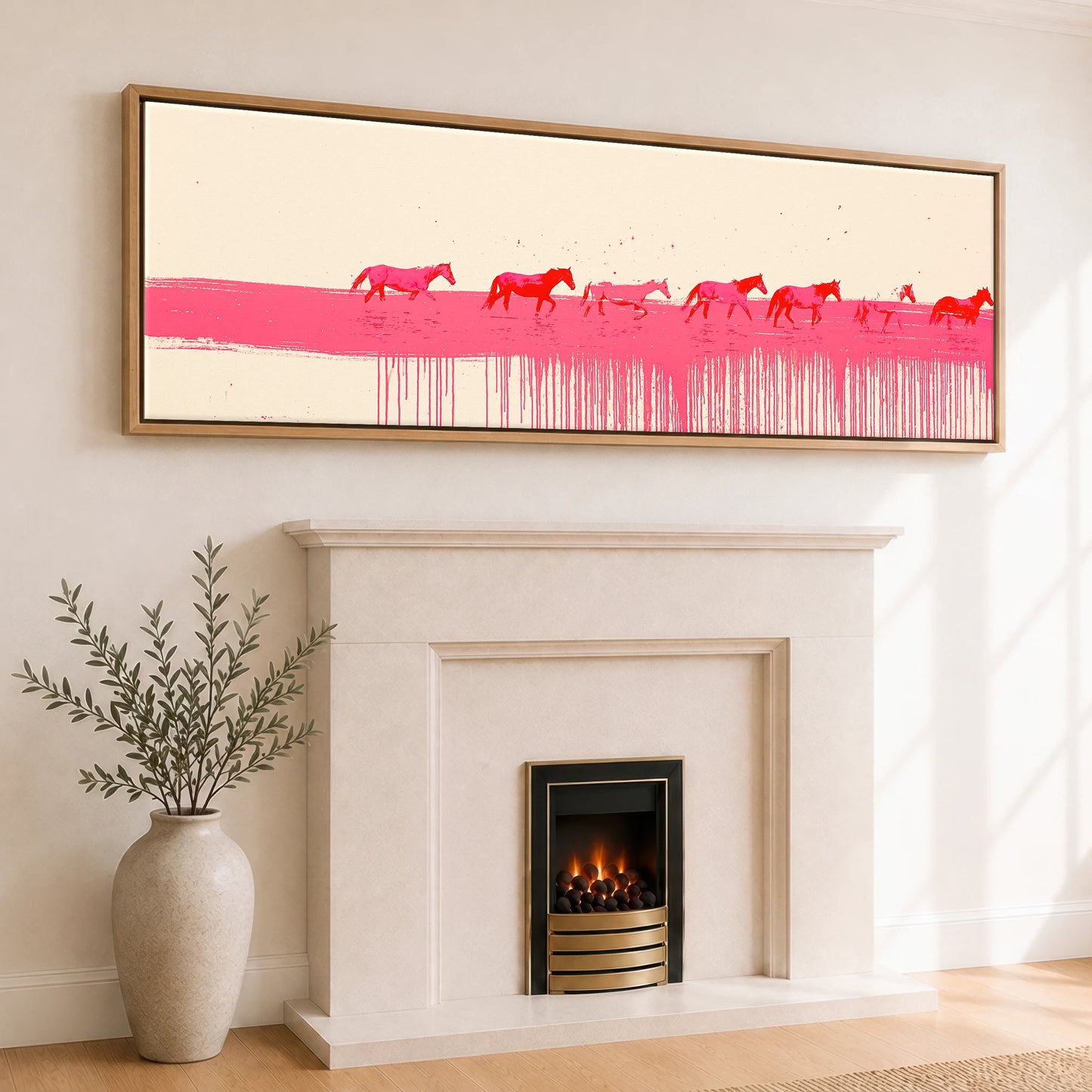 Vivid Magenta Horizon Beach Horse panoramic canvas wall art displayed above a fireplace