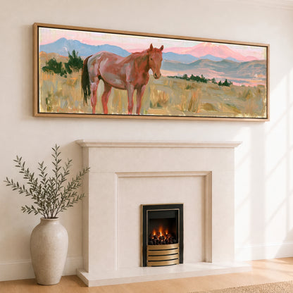 Pastel Mountain Morning Horse Landscape panoramic canvas wall art displayed above a fireplace