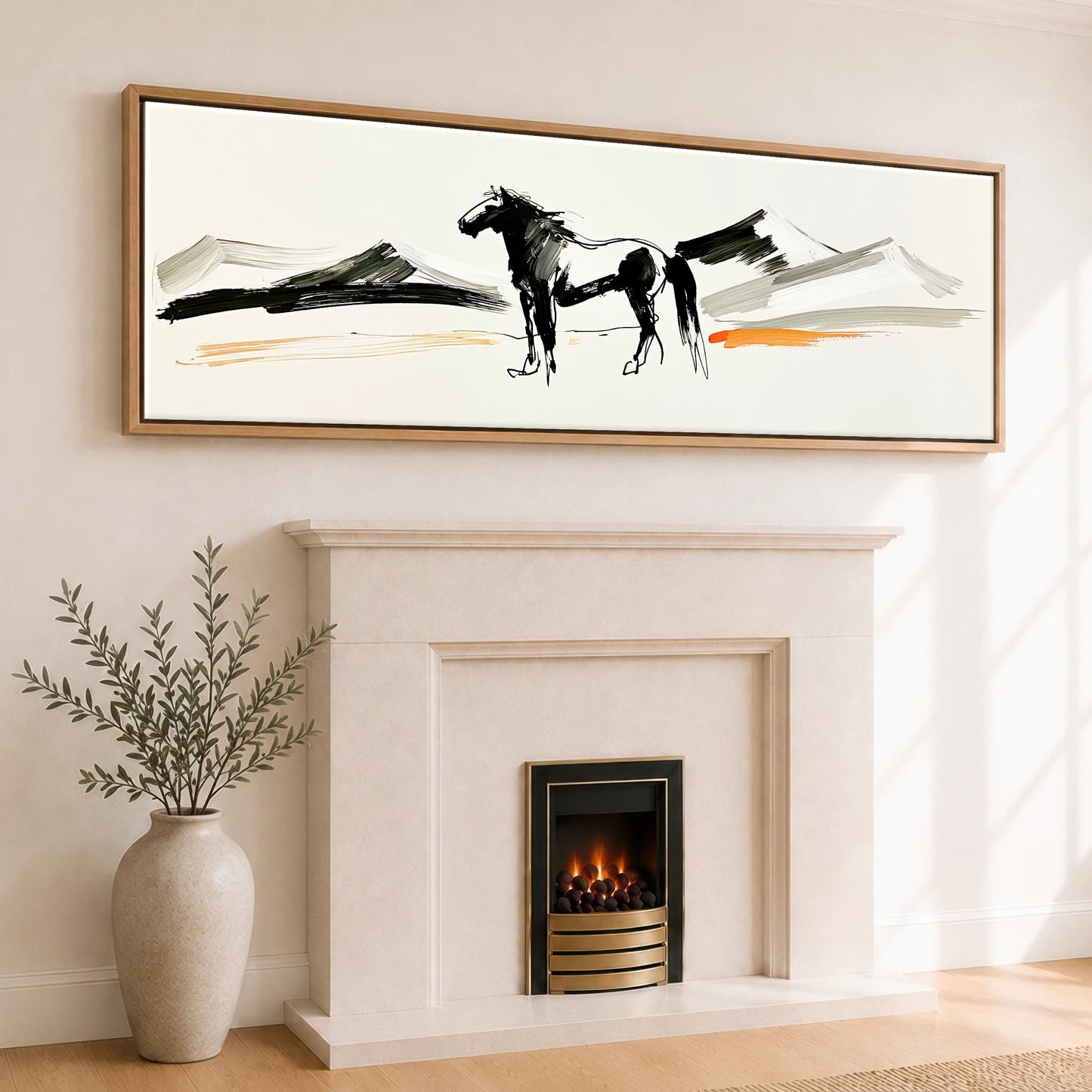 Ink and Amber Horizon Horse Landscape panoramic canvas wall art displayed above a fireplace