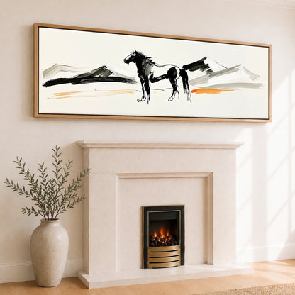 Ink and Amber Horizon Horse Landscape panoramic canvas wall art displayed above a fireplace