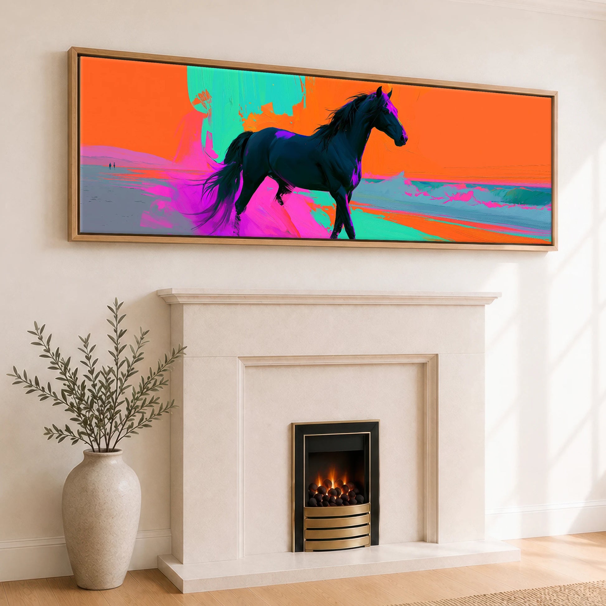 Electric Equine Horizon Horse Landscape panoramic canvas wall art displayed above a fireplace