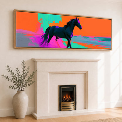 Electric Equine Horizon Horse Landscape panoramic canvas wall art displayed above a fireplace
