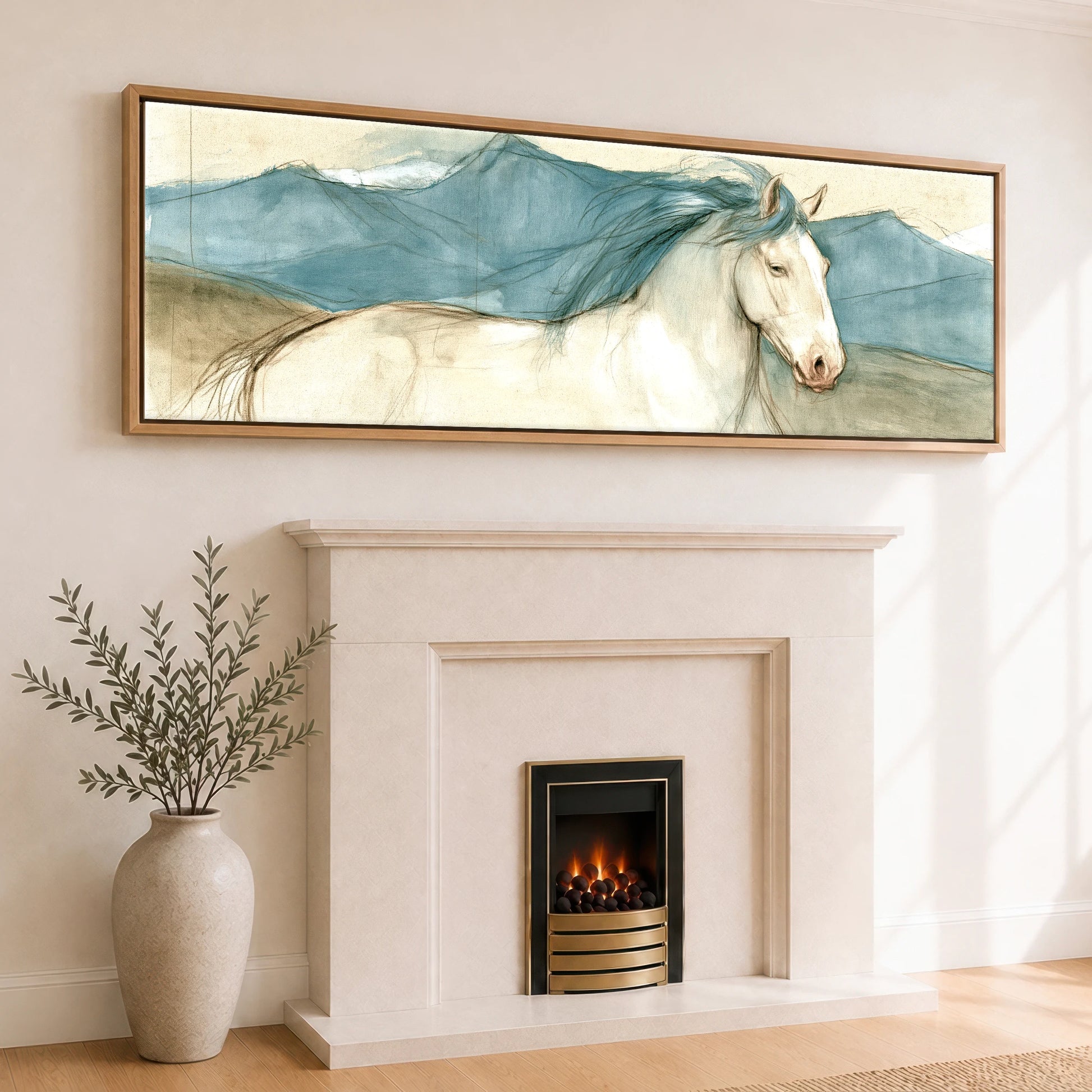Azure Ridge Horse Landscape panoramic canvas wall art displayed above a fireplace