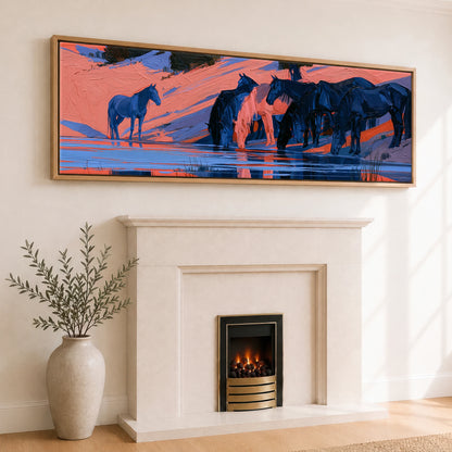 Indigo and Coral Herd Wild Horses panoramic canvas wall art displayed above a fireplace