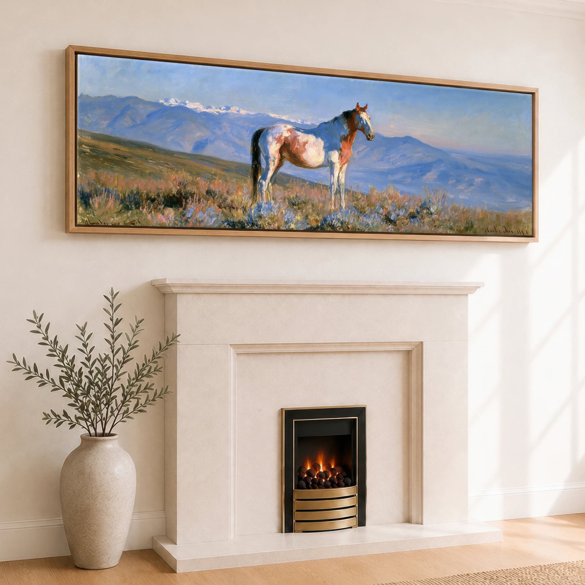 High Country Spirit Horse Landscape panoramic canvas wall art displayed above a fireplace