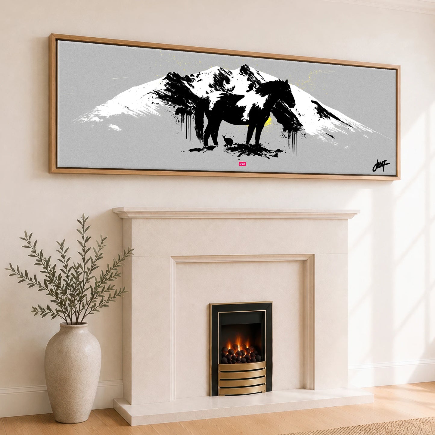 Bold Alpine Silhouette Horse Landscape panoramic canvas wall art displayed above a fireplace