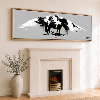 Bold Alpine Silhouette Horse Landscape panoramic canvas wall art displayed above a fireplace