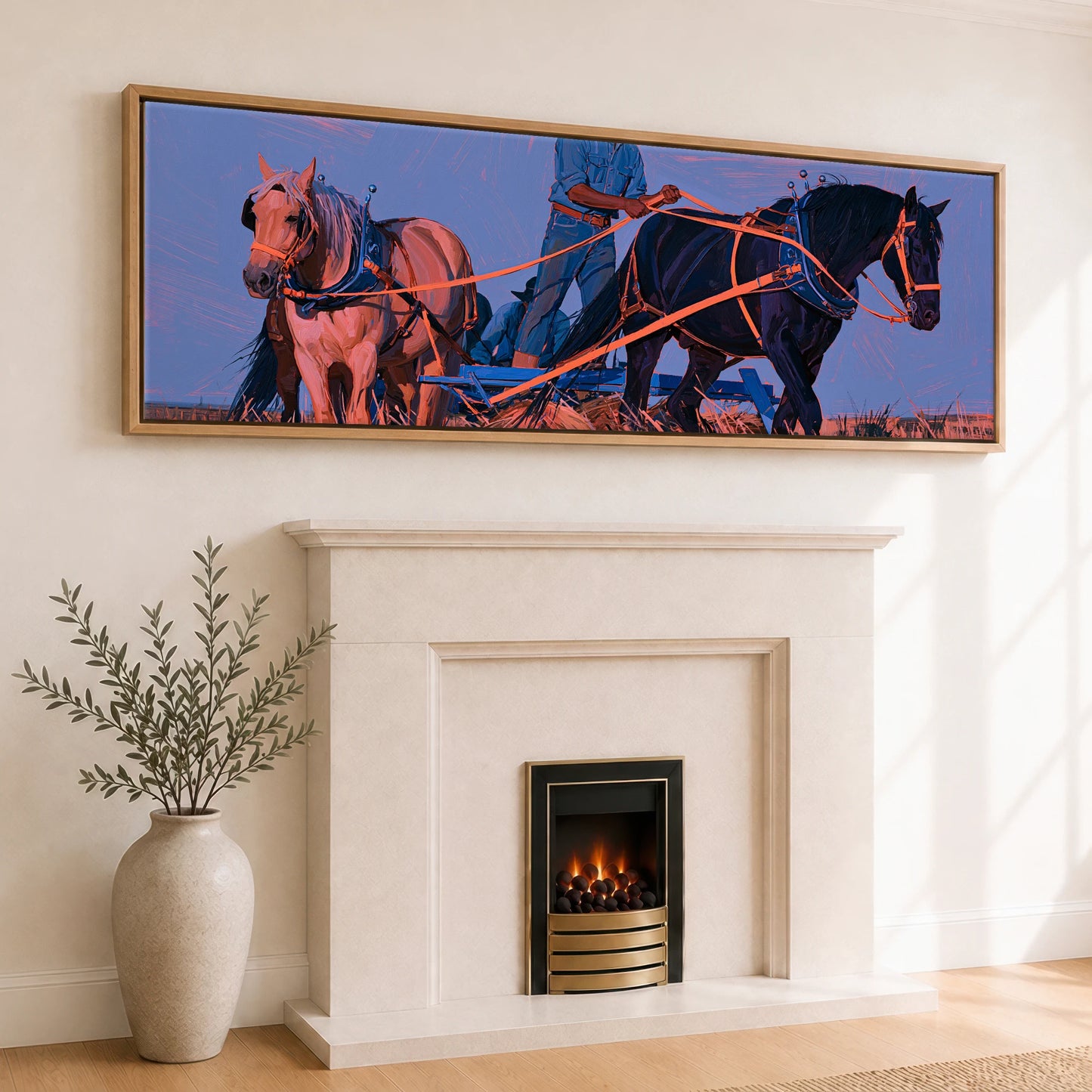 Twilight Draught Team Working Horse panoramic canvas wall art displayed above a fireplace