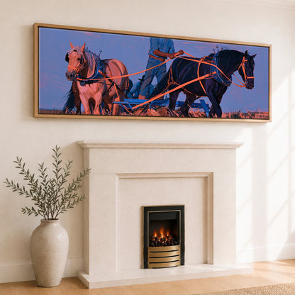 Twilight Draught Team Working Horse panoramic canvas wall art displayed above a fireplace