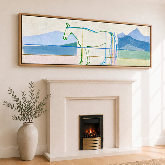 Architectural Equine Horizon Horse Landscape panoramic canvas wall art displayed above a fireplace