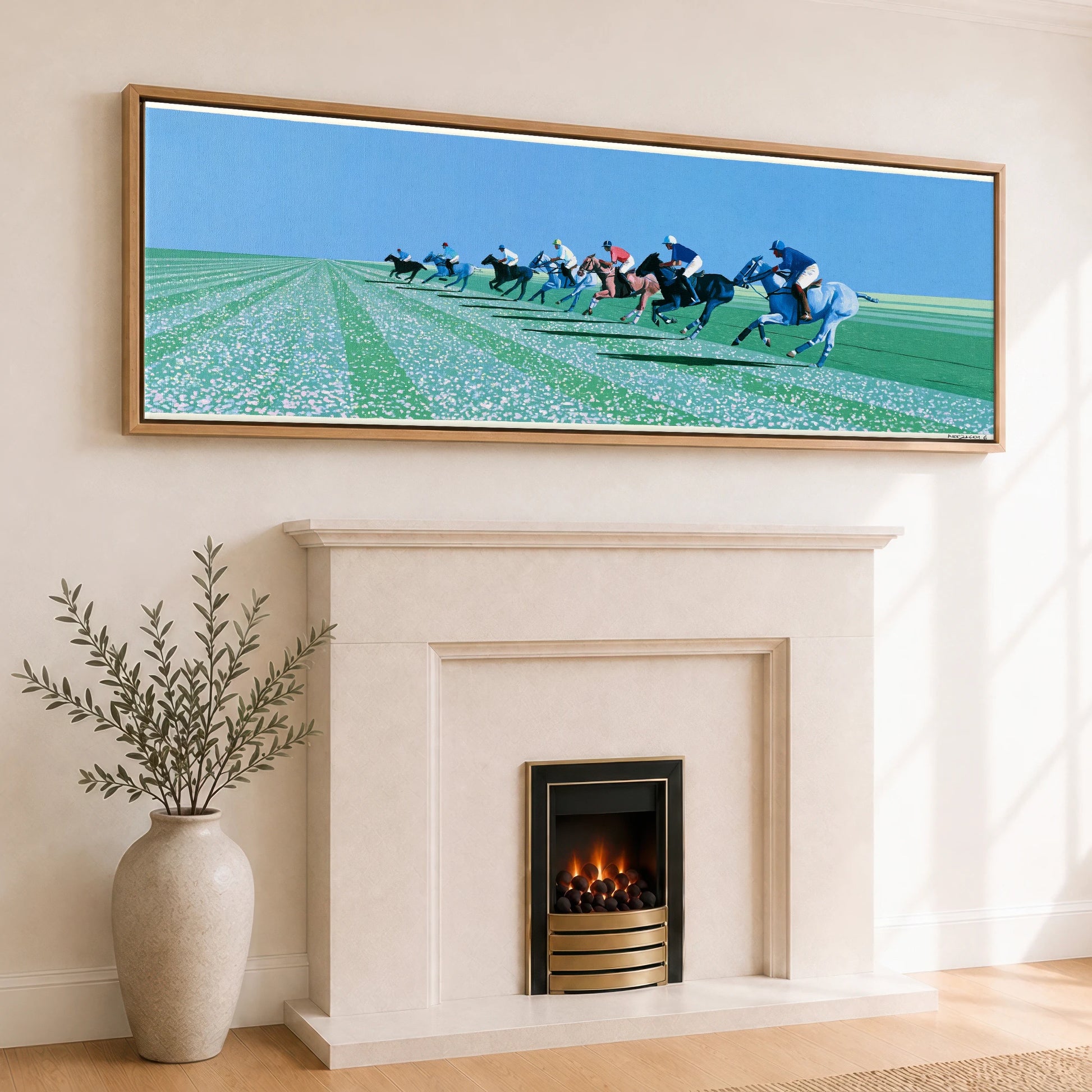 Rhythm of the Chukka Polo Horse panoramic canvas wall art displayed above a fireplace