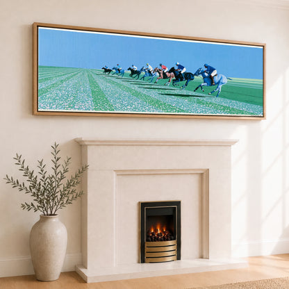 Rhythm of the Chukka Polo Horse panoramic canvas wall art displayed above a fireplace