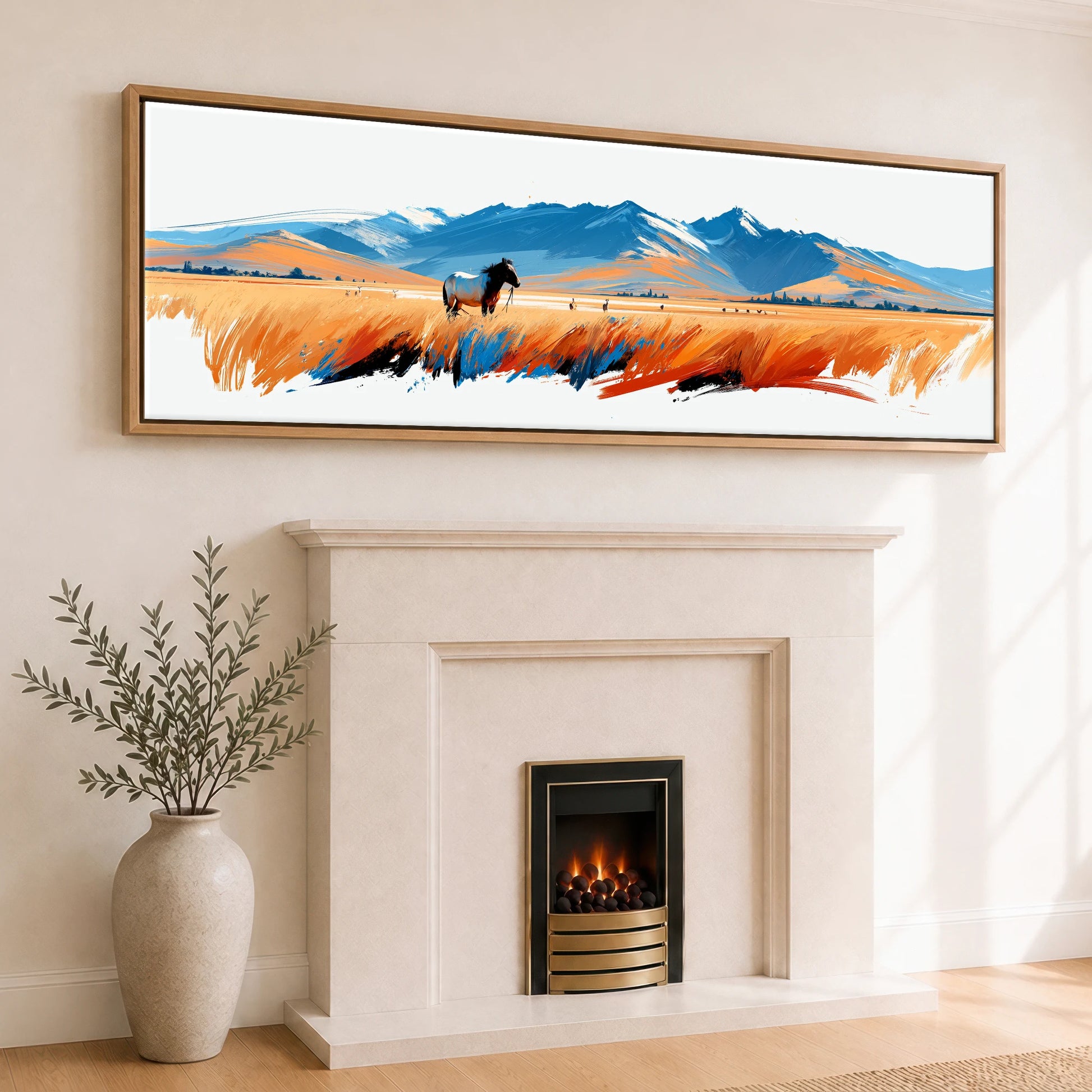 Painted Plains Horse Landscape panoramic canvas wall art displayed above a fireplace