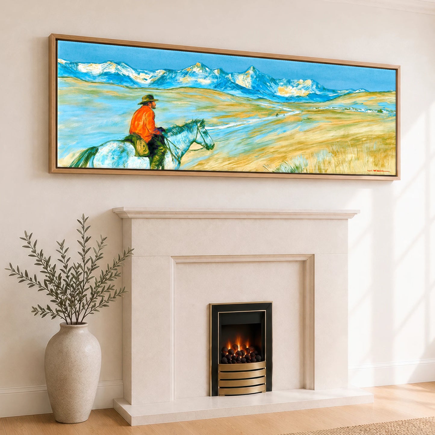 High Country Horizon Horse Landscape panoramic canvas wall art displayed above a fireplace