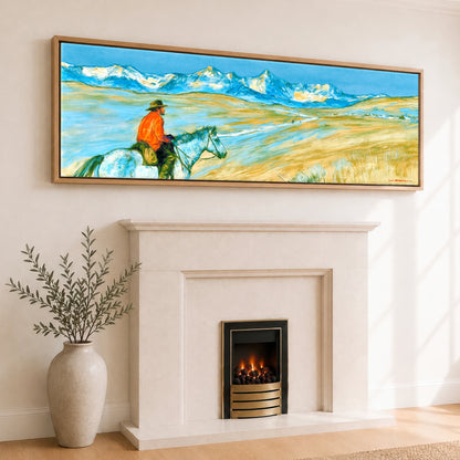 High Country Horizon Horse Landscape panoramic canvas wall art displayed above a fireplace