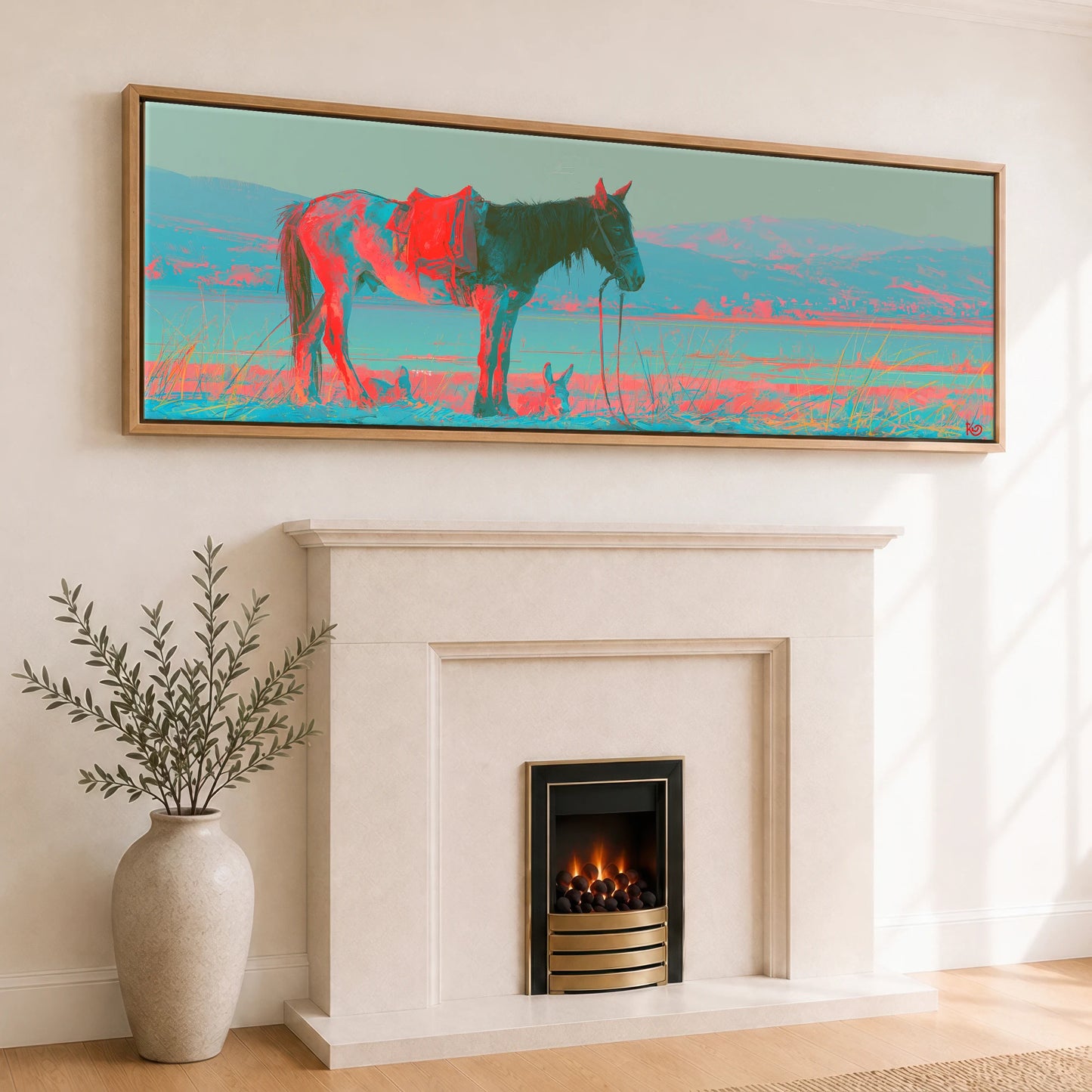 Electric Equine Horizon Horse Landscape panoramic canvas wall art displayed above a fireplace