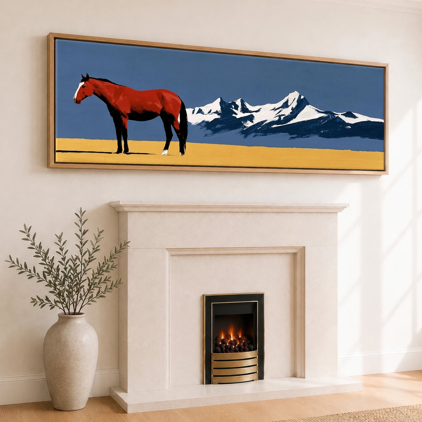 Scarlet Stallion Alpine Ridge Horse Landscape panoramic canvas wall art displayed above a fireplace