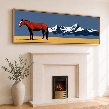 Scarlet Stallion Alpine Ridge Horse Landscape panoramic canvas wall art displayed above a fireplace