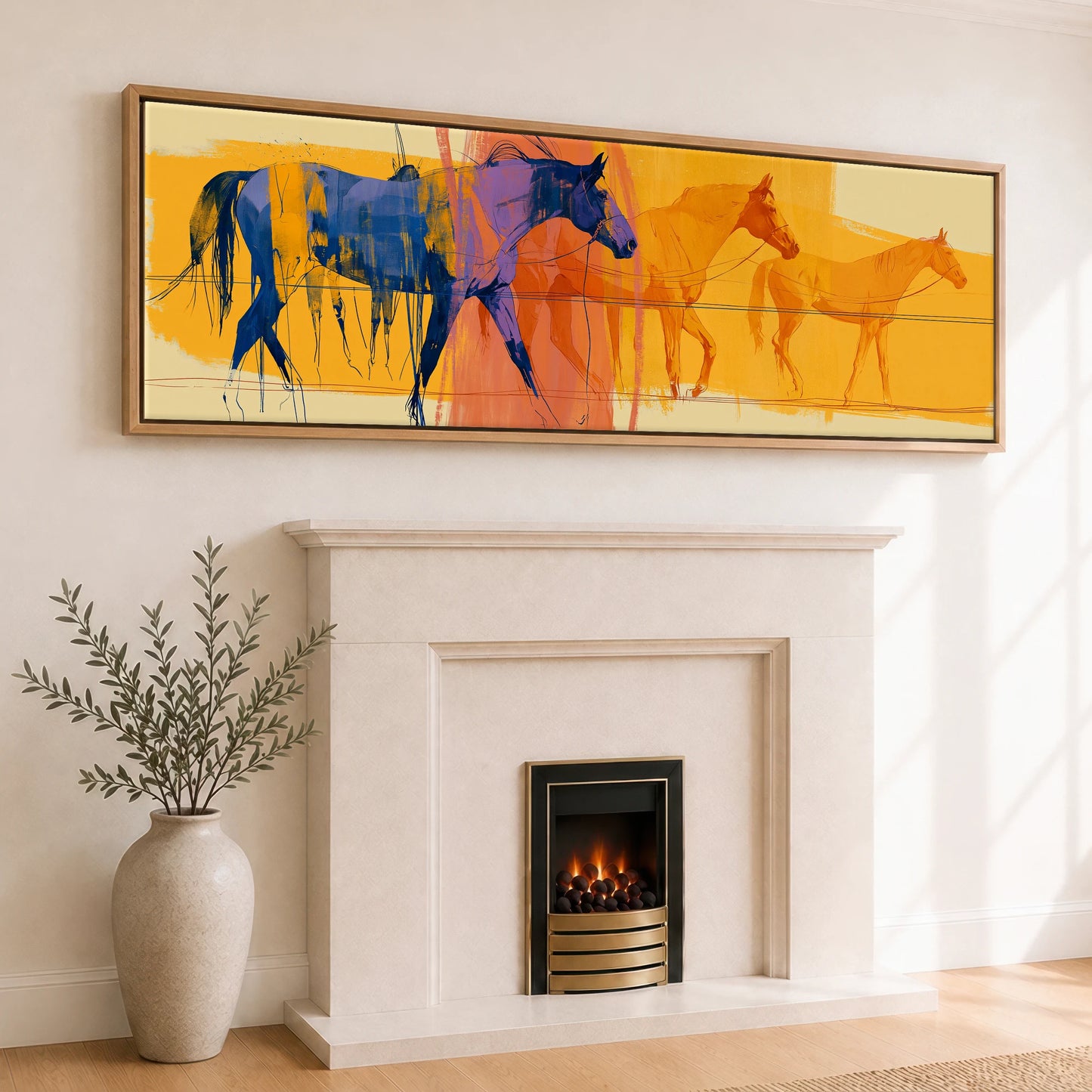 Cobalt Stride Sequence Beach Horse panoramic canvas wall art displayed above a fireplace