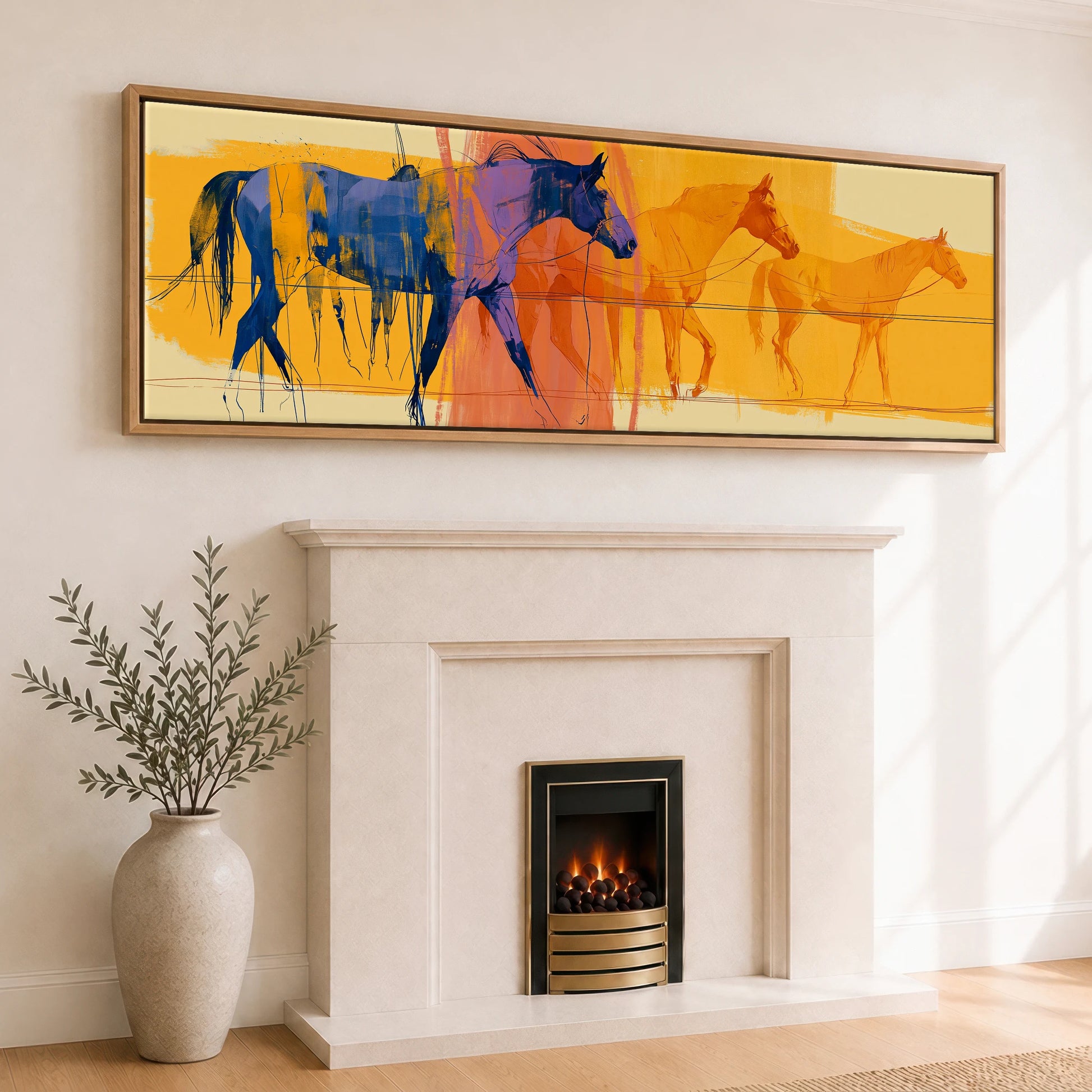 Cobalt Stride Sequence Beach Horse panoramic canvas wall art displayed above a fireplace