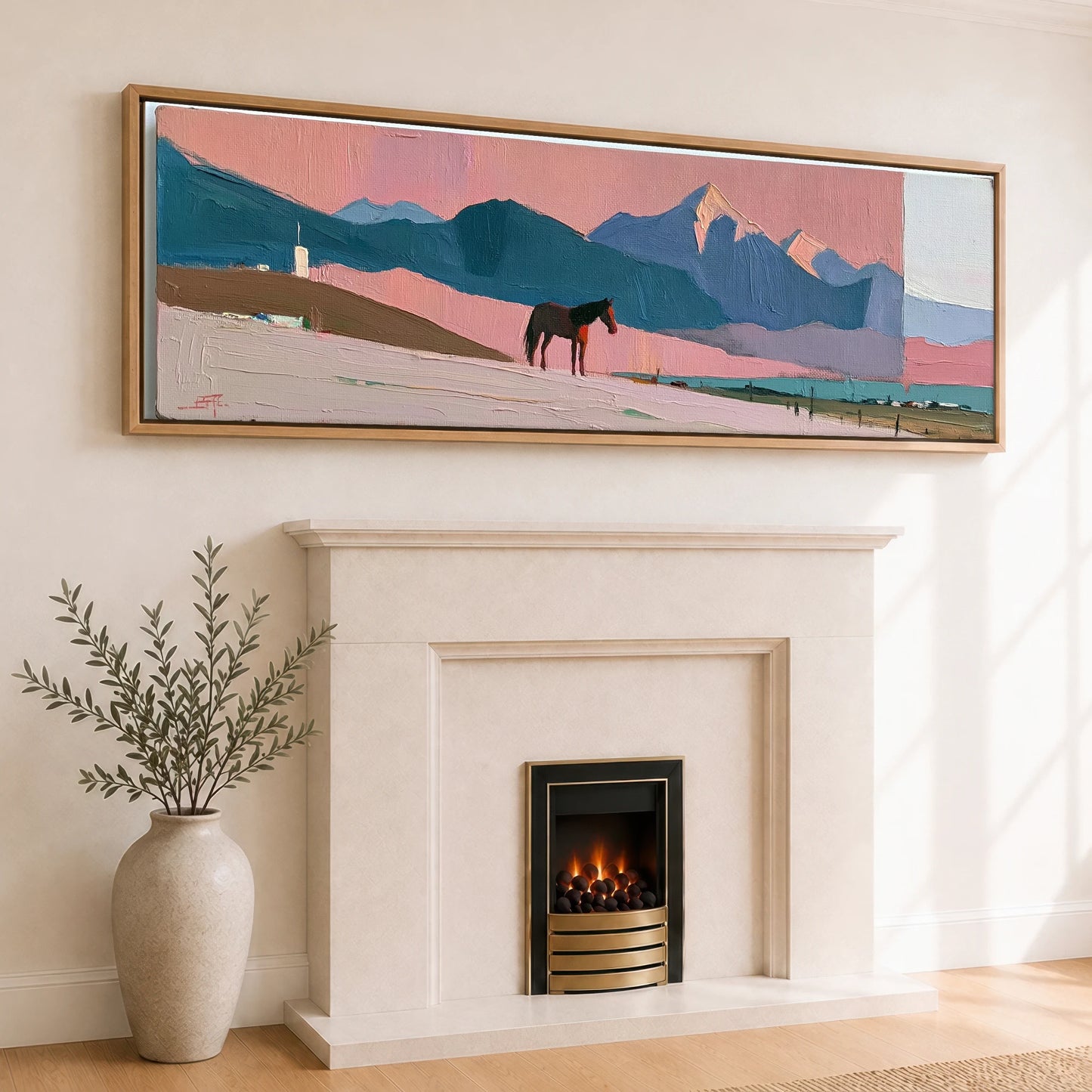 Rose and Teal Horizon Horse Landscape panoramic canvas wall art displayed above a fireplace
