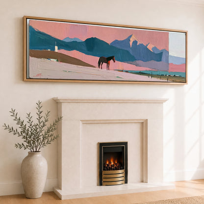 Rose and Teal Horizon Horse Landscape panoramic canvas wall art displayed above a fireplace