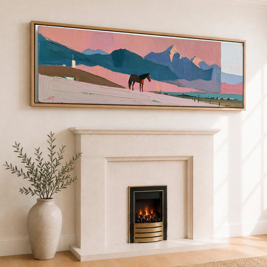 Rose and Teal Horizon Horse Landscape panoramic canvas wall art displayed above a fireplace