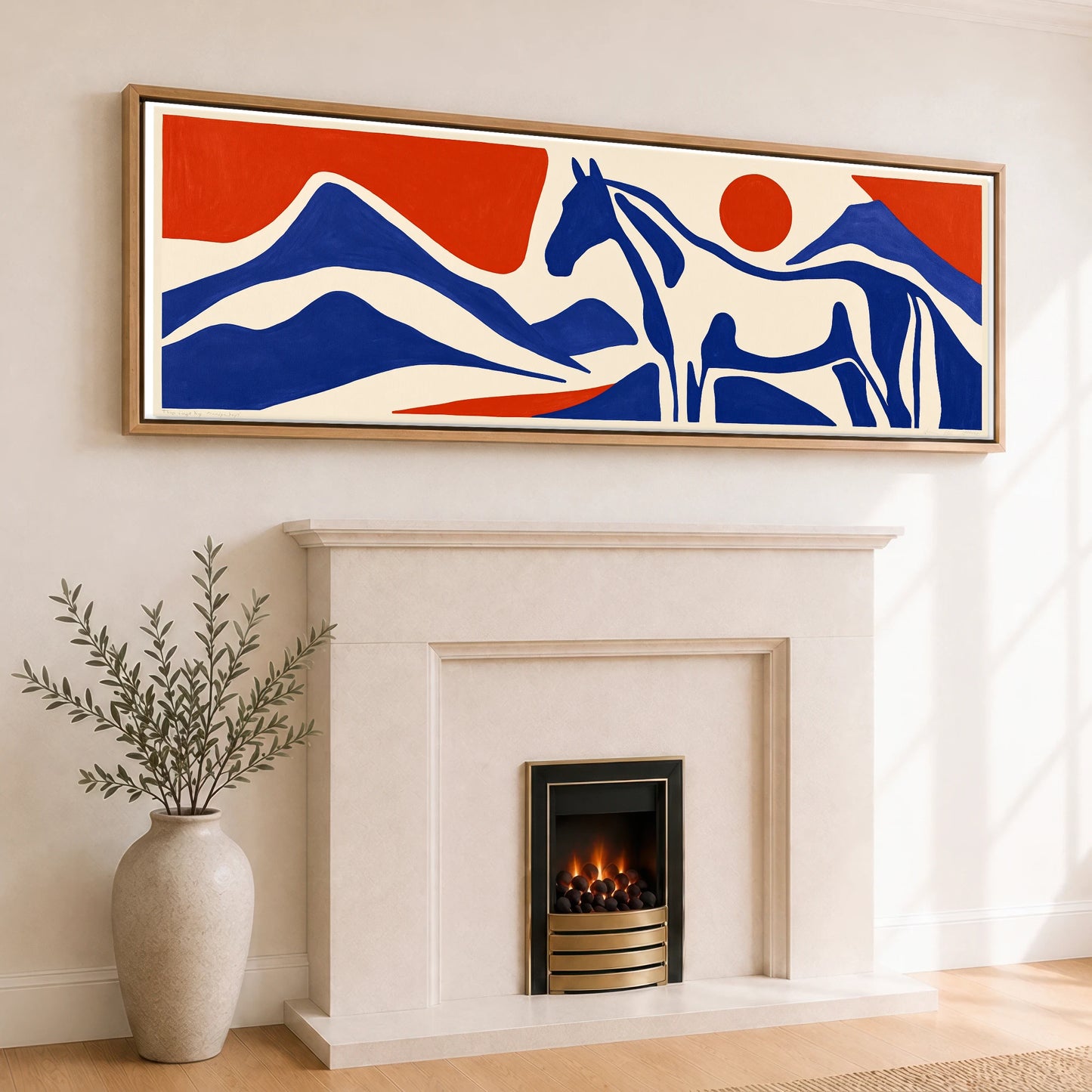 Cobalt Peaks Equine Horse Landscape panoramic canvas wall art displayed above a fireplace