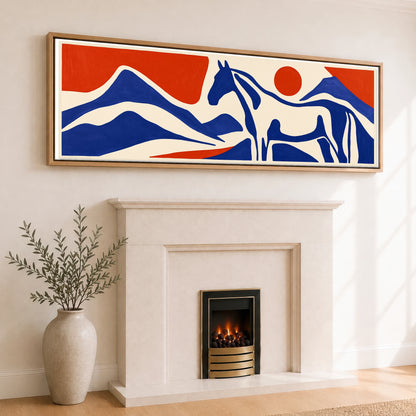 Cobalt Peaks Equine Horse Landscape panoramic canvas wall art displayed above a fireplace