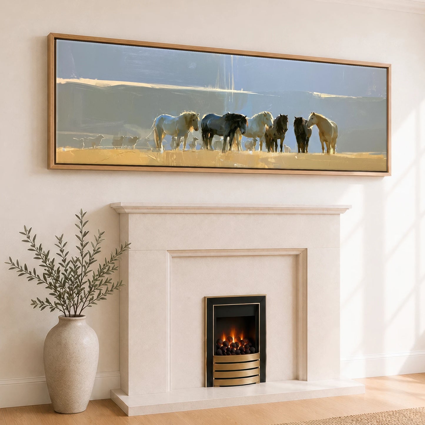 Sunlit Pasture Gathering Horse Landscape panoramic canvas wall art displayed above a fireplace