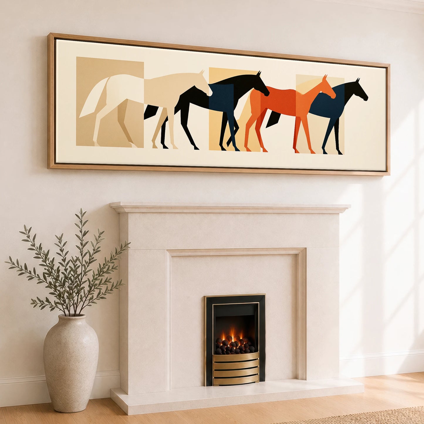 Modernist Herd Horse Landscape panoramic canvas wall art displayed above a fireplace
