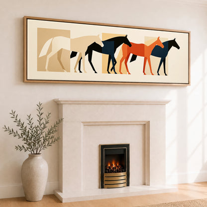 Modernist Herd Horse Landscape panoramic canvas wall art displayed above a fireplace