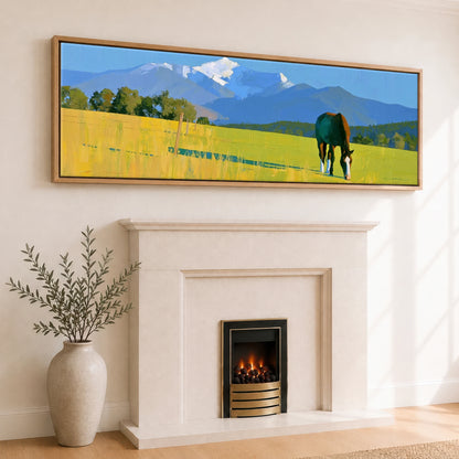 High Country Summer Horse Landscape panoramic canvas wall art displayed above a fireplace