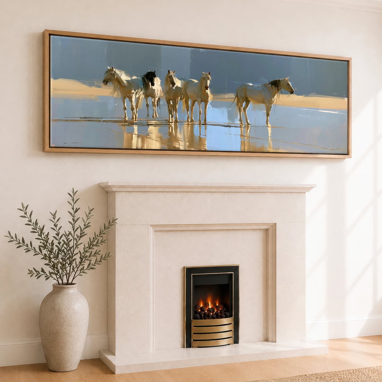 Coastal Reflections Beach Horse panoramic canvas wall art displayed above a fireplace