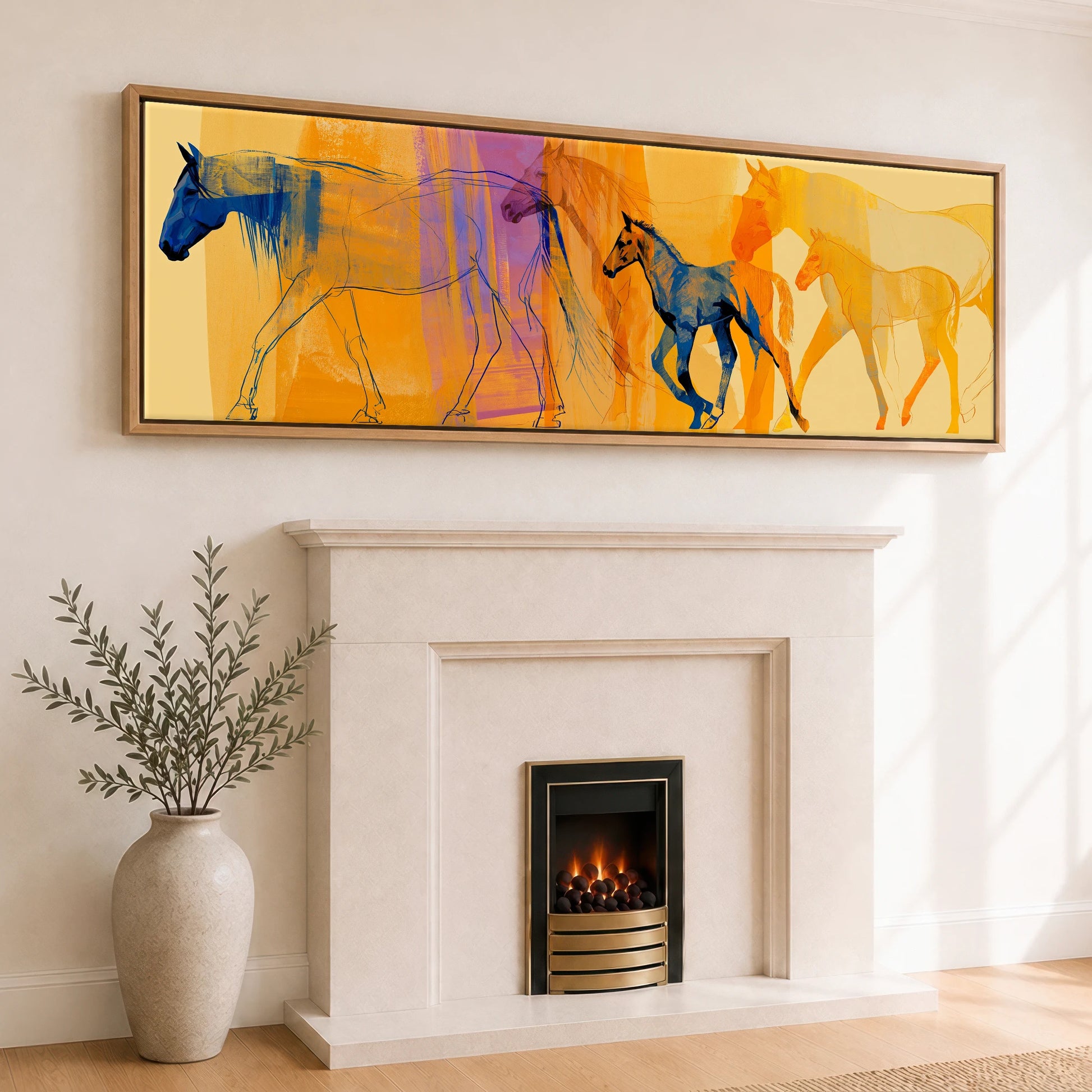Cobalt and Amber Symphony Mare & Foal panoramic canvas wall art displayed above a fireplace