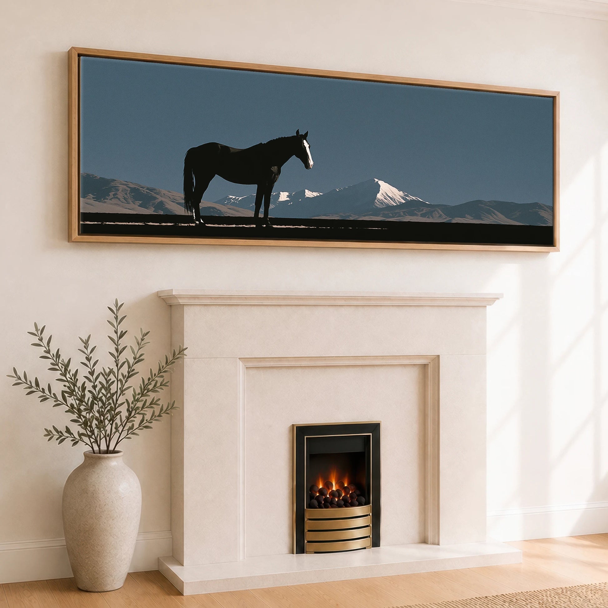 Summit Silhouette Horse Landscape panoramic canvas wall art displayed above a fireplace