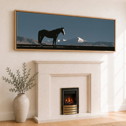 Summit Silhouette Horse Landscape panoramic canvas wall art displayed above a fireplace