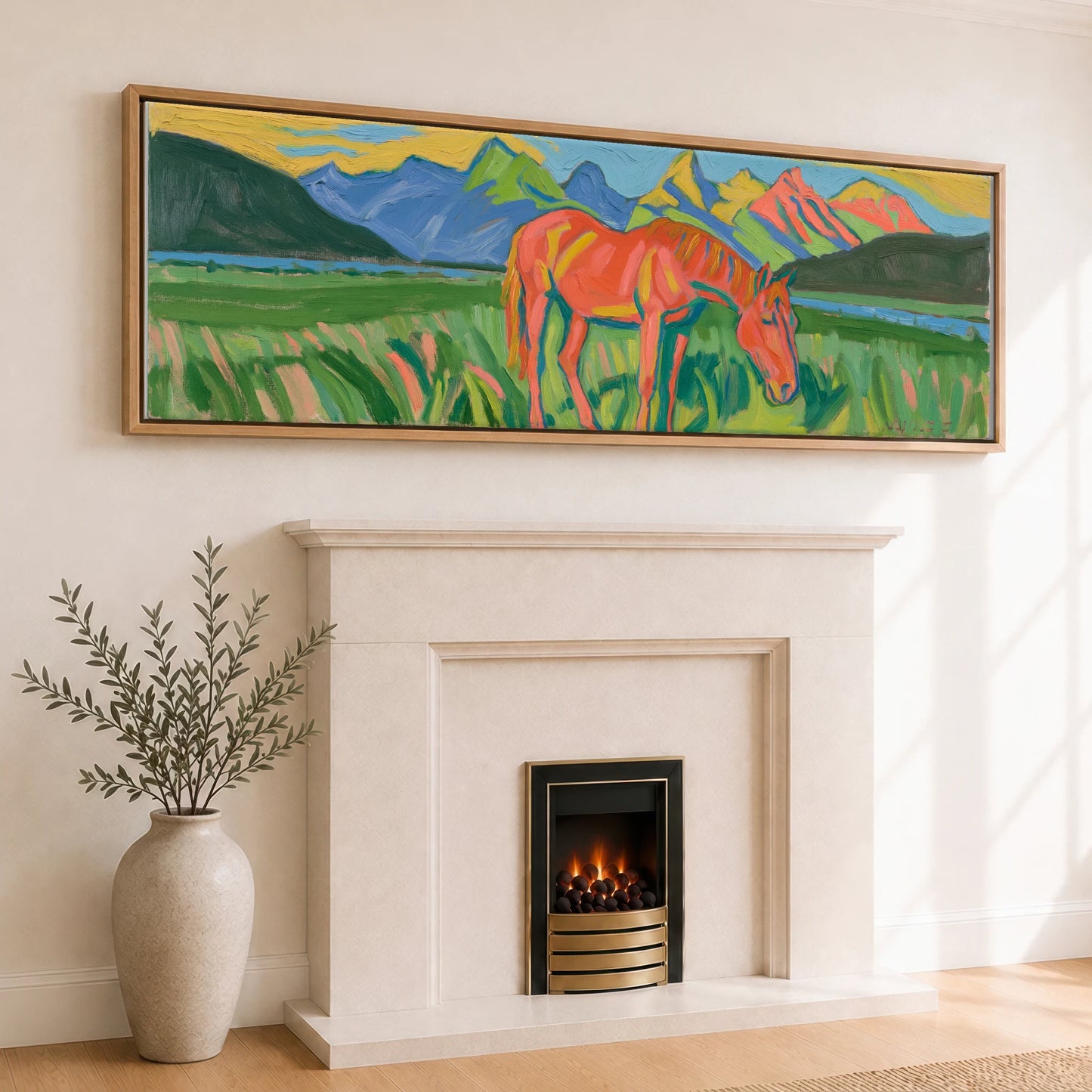 Vibrant Mountain Pasture Horse Landscape panoramic canvas wall art displayed above a fireplace