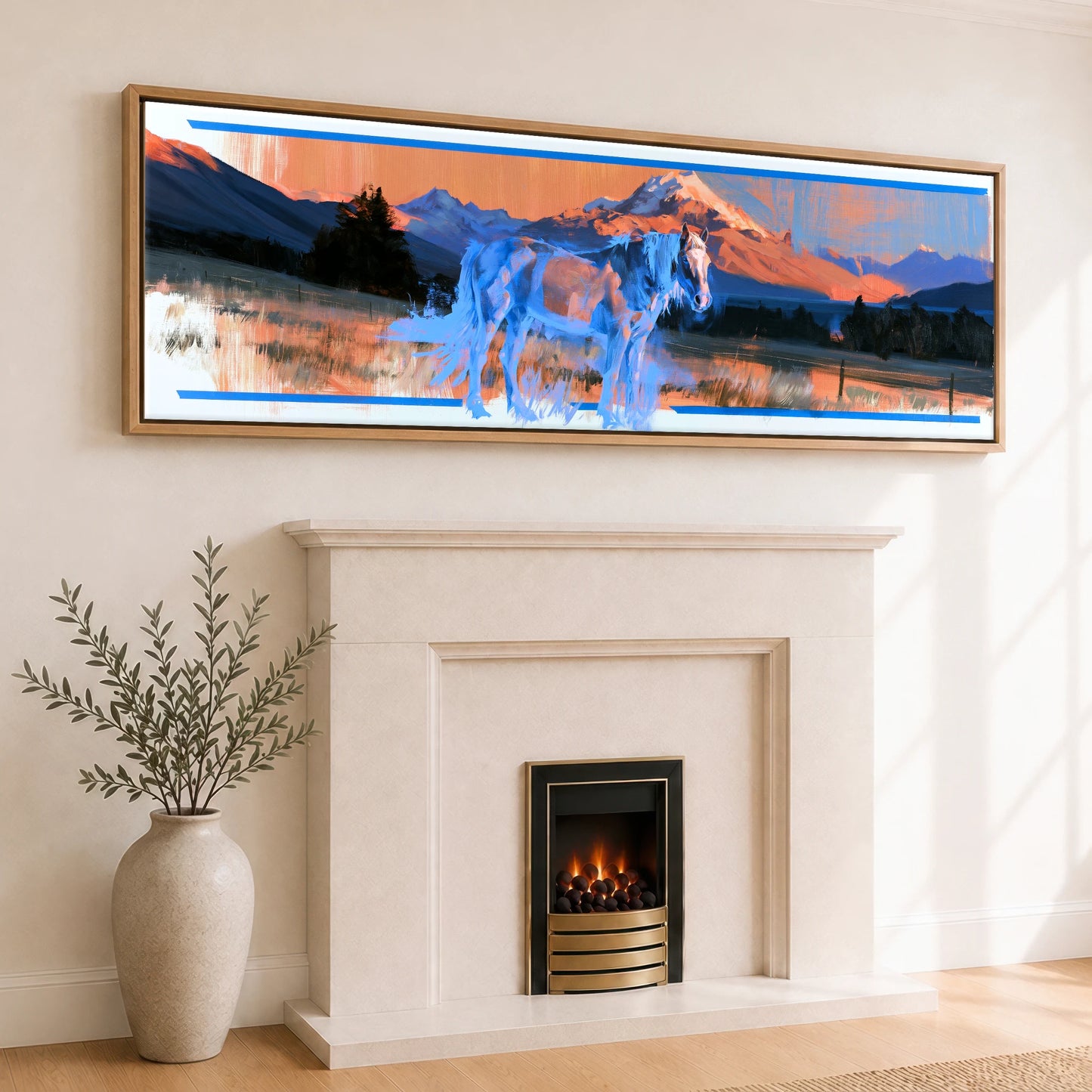 Alpine Glow and Azure Horse Landscape panoramic canvas wall art displayed above a fireplace