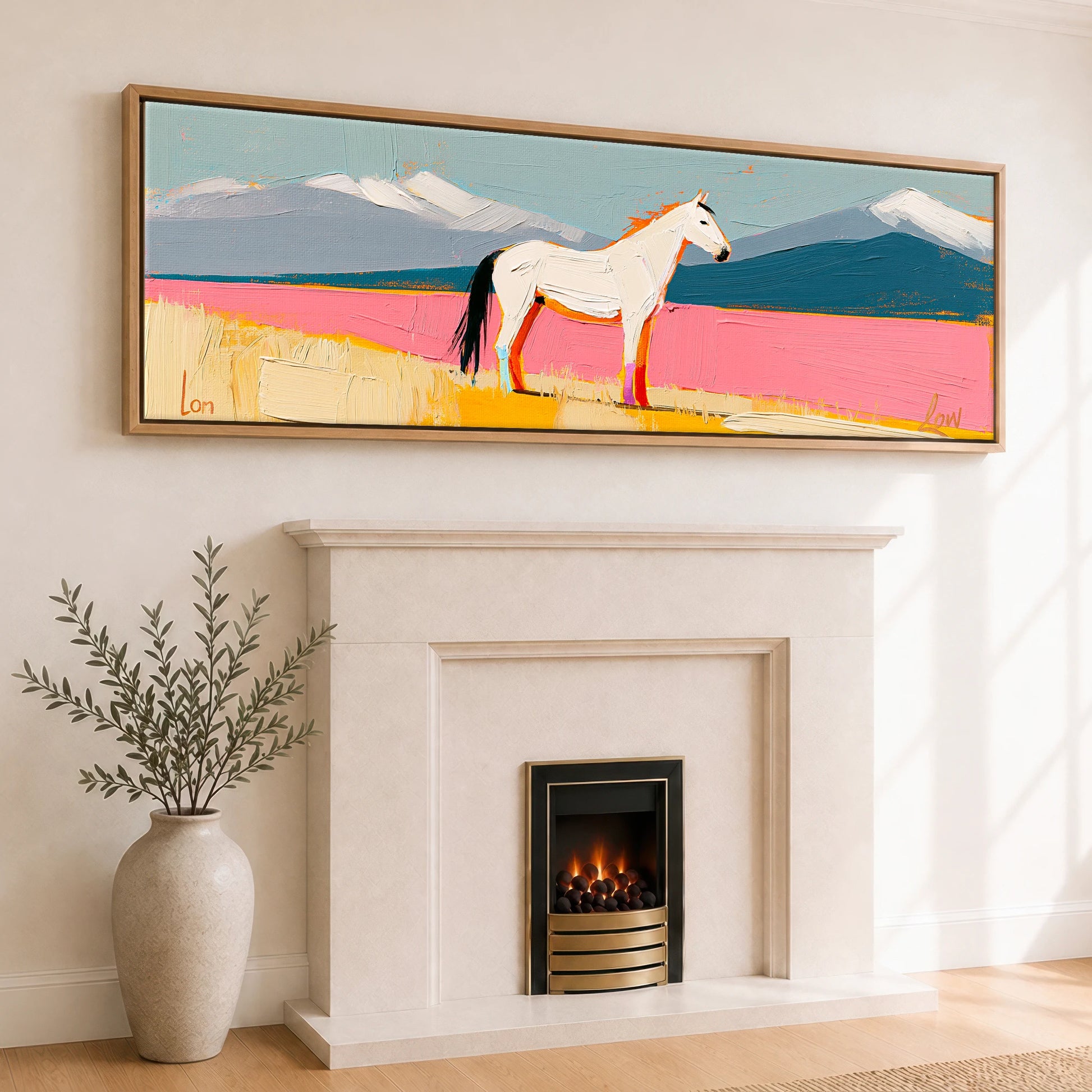 Vivid Equine Horizon Horse Landscape panoramic canvas wall art displayed above a fireplace