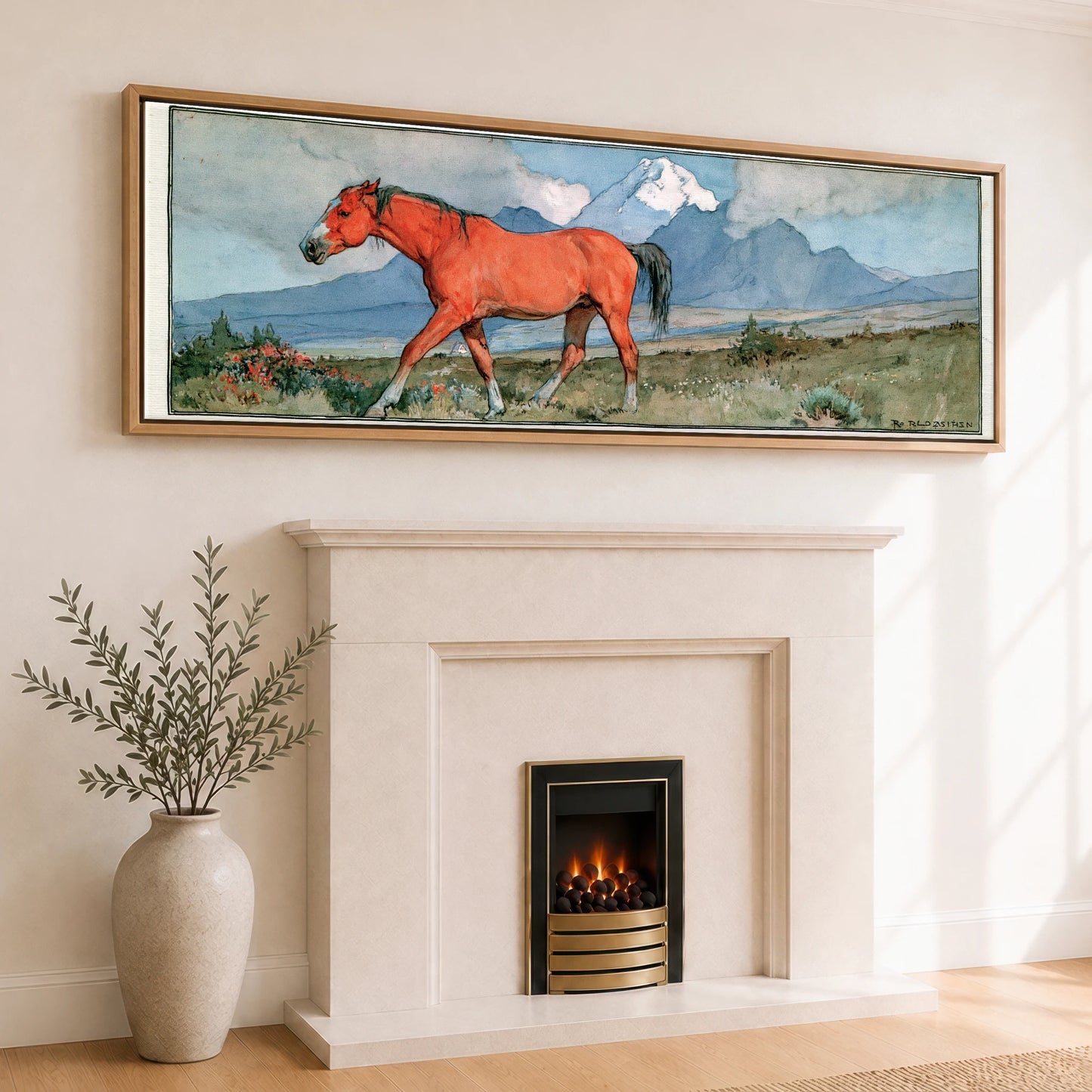 Mountain Wanderer Horse Landscape panoramic canvas wall art displayed above a fireplace