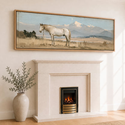 High Country Stillness Horse Landscape panoramic canvas wall art displayed above a fireplace