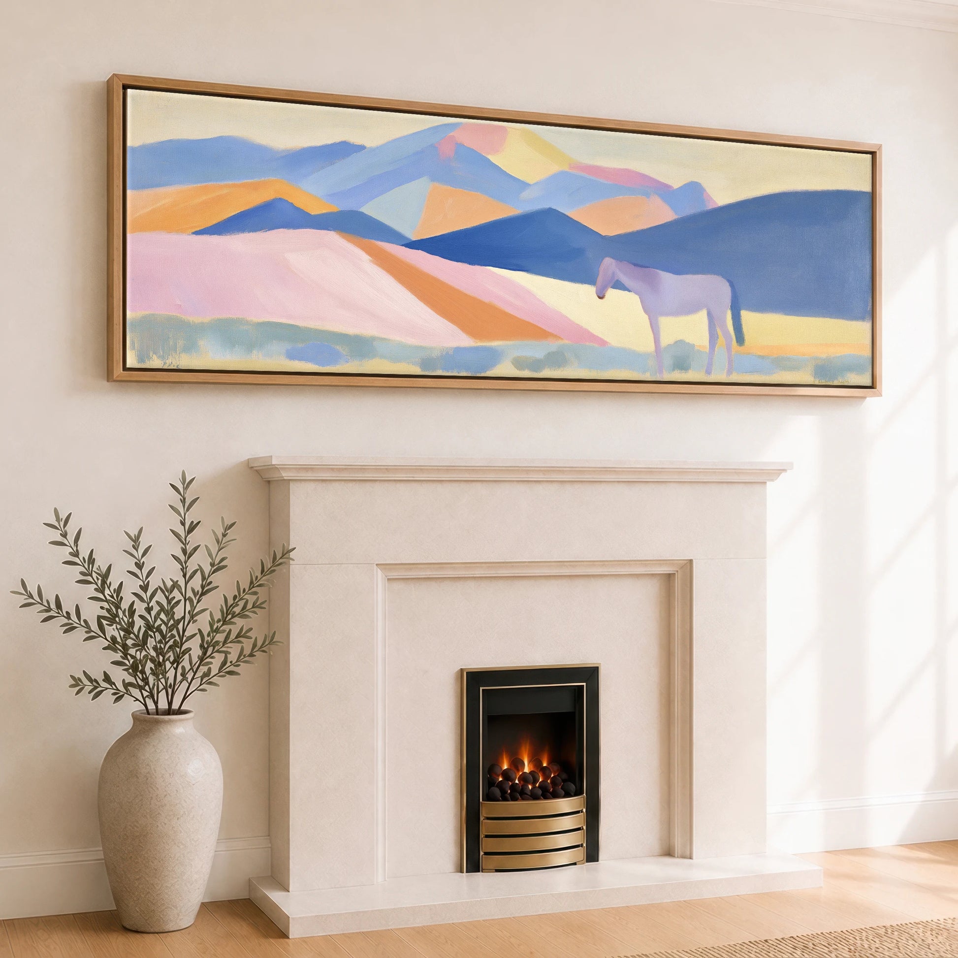Lavender Mountain Horizon Horse Landscape panoramic canvas wall art displayed above a fireplace