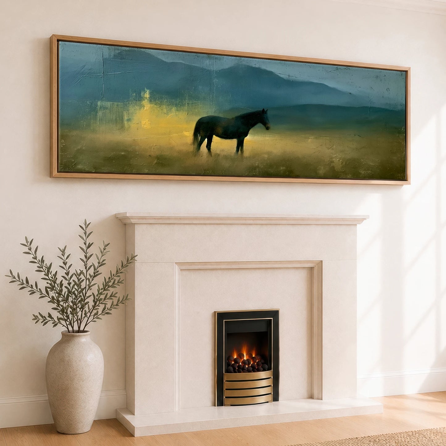 Echoes in Gold Horse Landscape panoramic canvas wall art displayed above a fireplace