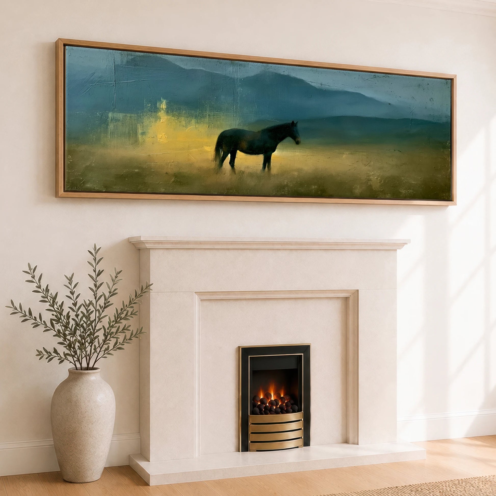 Echoes in Gold Horse Landscape panoramic canvas wall art displayed above a fireplace